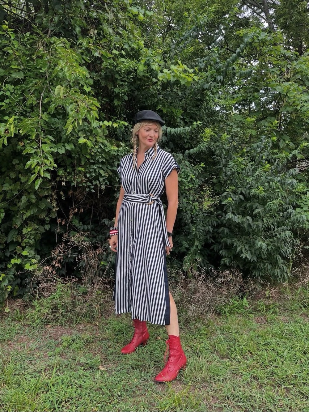 Zara Black & White Striped Linen Blend Midi Shirt Dress with Belt